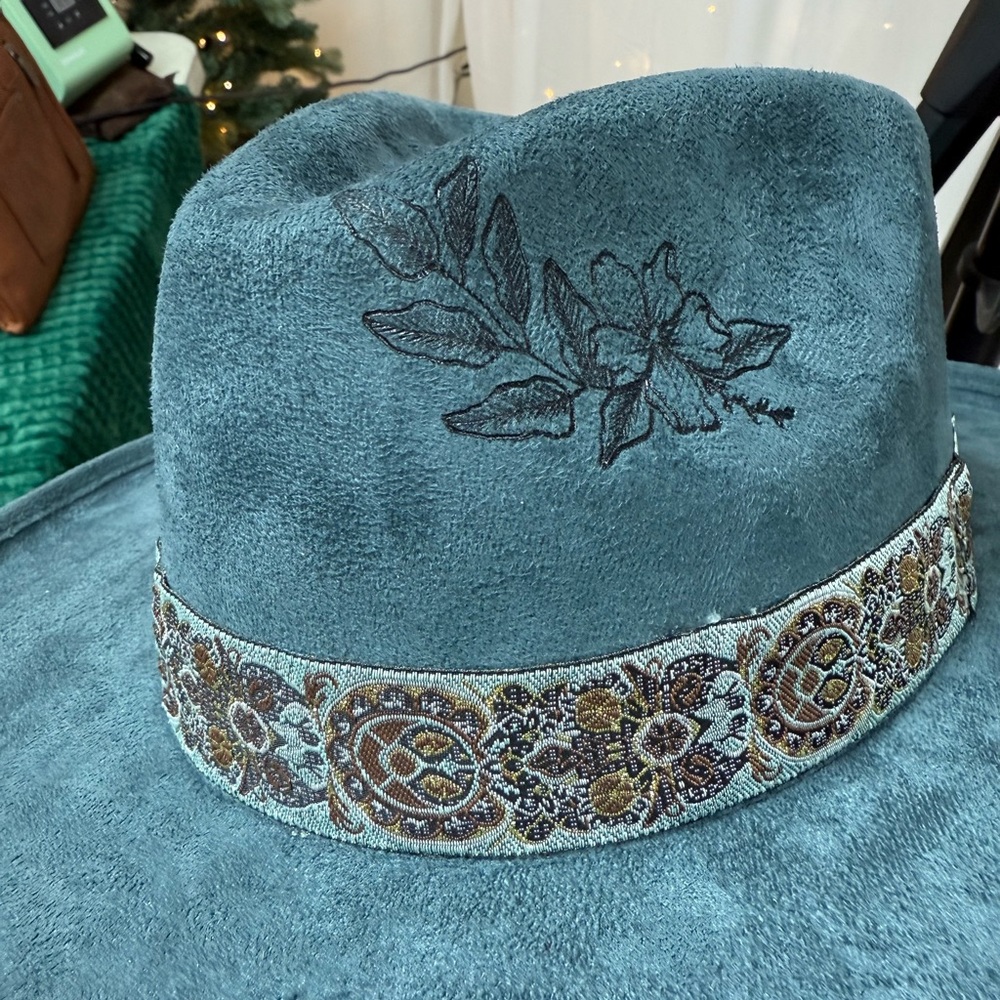 Blue Hat with Embroidered band and hand burned design